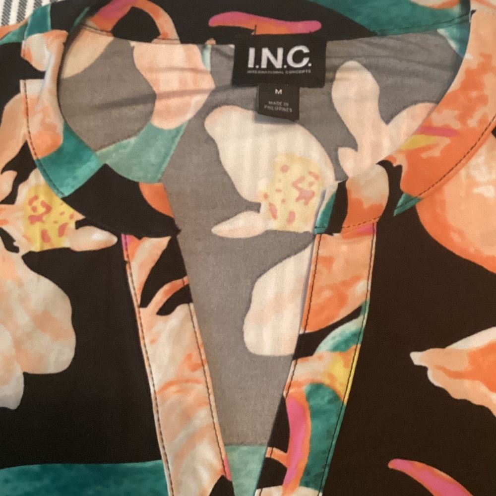 INC International Concepts Black Floral V-Neck Top with Teal & Peach Accents